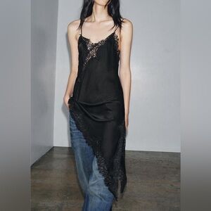 Asymmetrical Lace Trim Satin Slip Dress